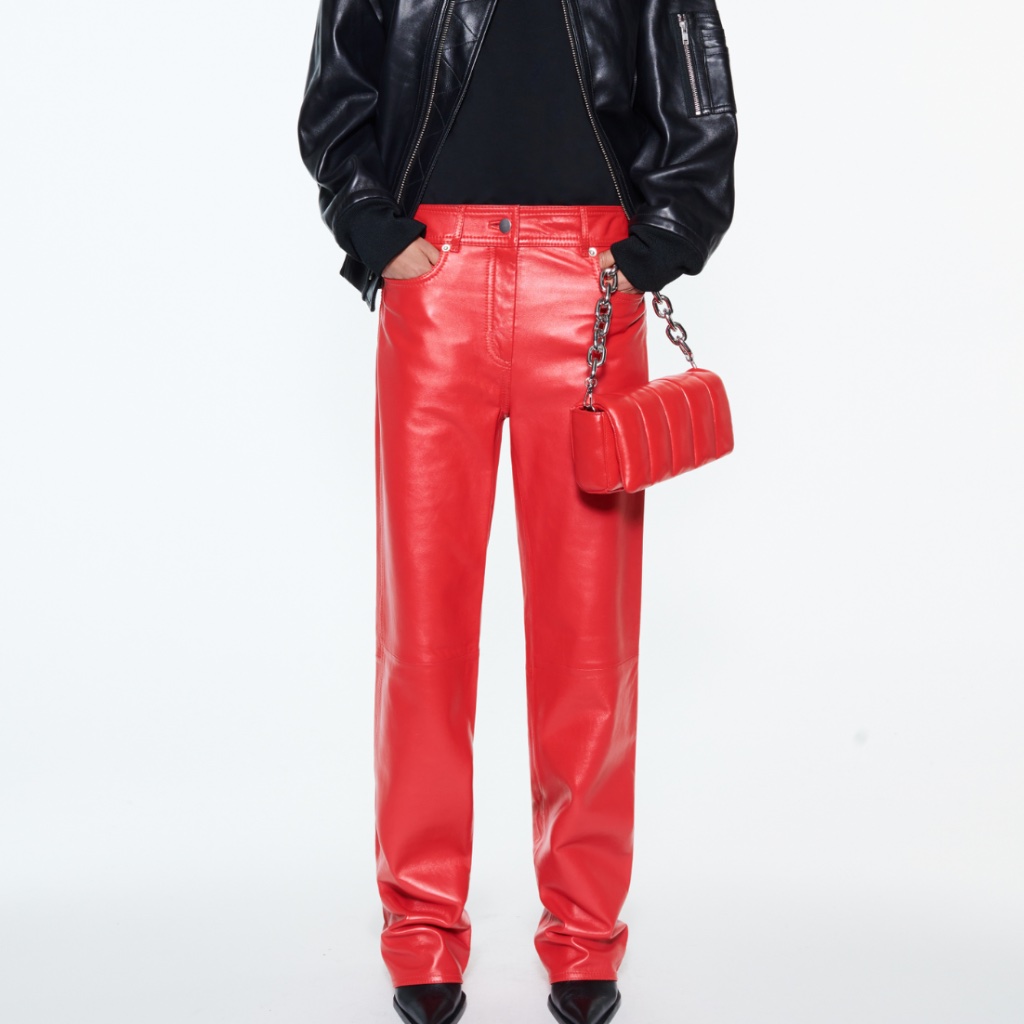 New! Stand Genuine Red Leather Straight Leg Pants, Trousers Size 36